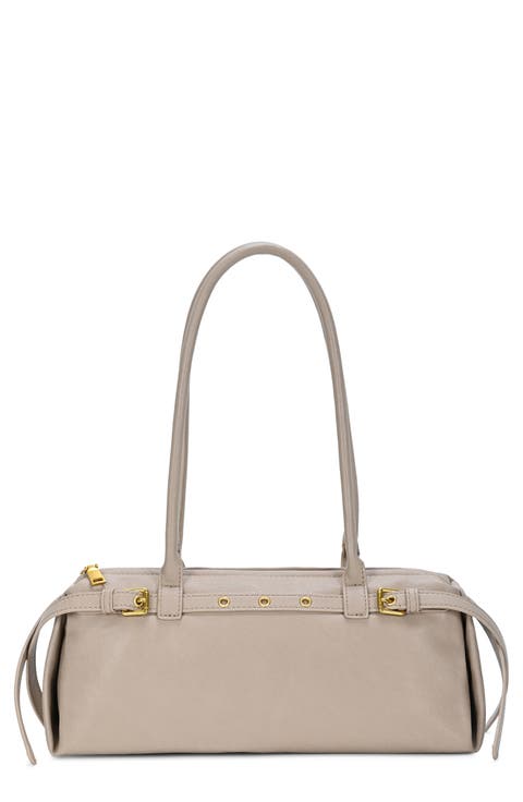 Belt Front Faux Leather Baguette Shoulder Bag