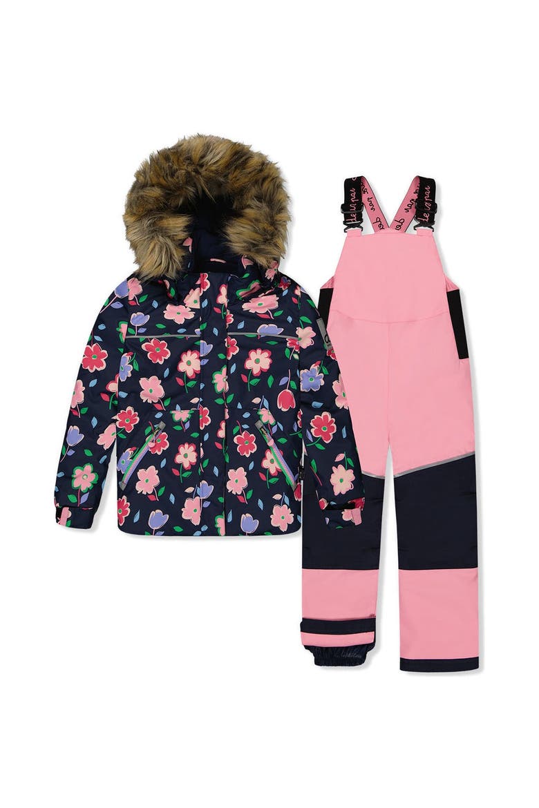 Discover Floral Faux Fur Hood Jacket & Suspender Pants Two Piece Snowsuit, Main, color, Blue Floral Print