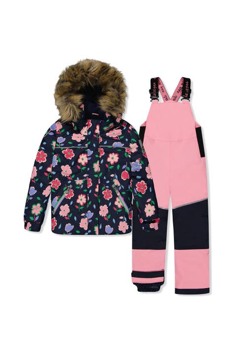Discover Floral Faux Fur Hood Jacket & Suspender Pants Two Piece Snowsuit