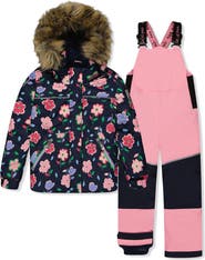 Deux par Deux Discover Floral Faux Fur Hood Jacket & Suspender Pants Two Piece Snowsuit