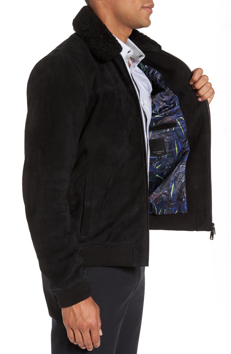 Ted Baker London Genuine Shearling Collar Suede Jacket, Alternate, color, 