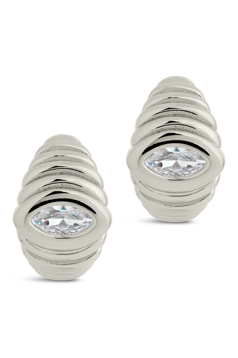 Cubic Zirconia Croissant Hoop Earrings, Alternate, color, SILVER