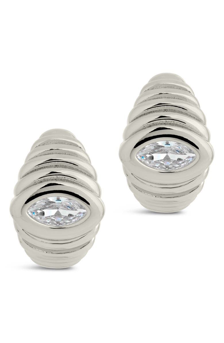 Sterling Forever Cubic Zirconia Croissant Hoop Earrings, Alternate, color, Silver