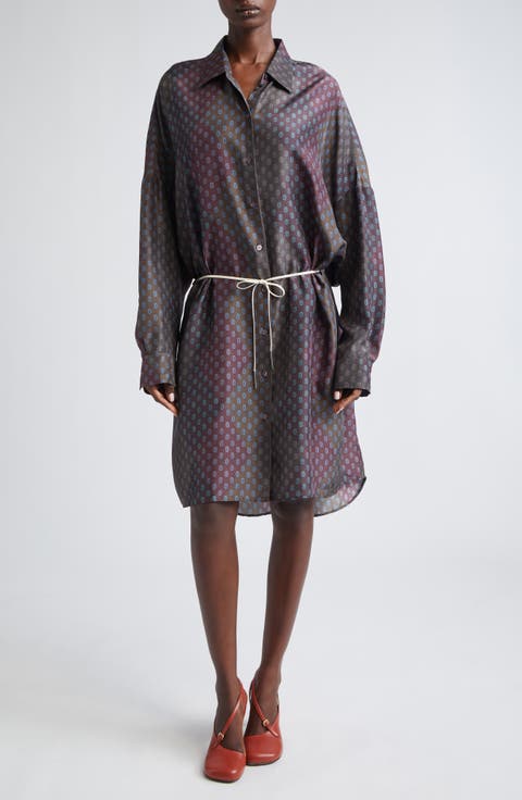 Dindia Print Long Sleeve Belted Silk Satin Shirtdress