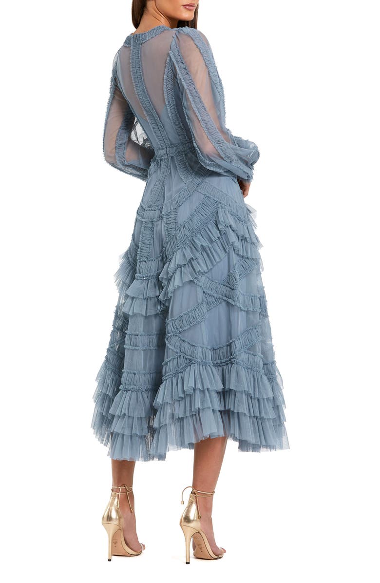 Mac Duggal Long Sleeve V Neck Mesh Micro Ruffle Midi Dress, Alternate, color, Slate Blue
