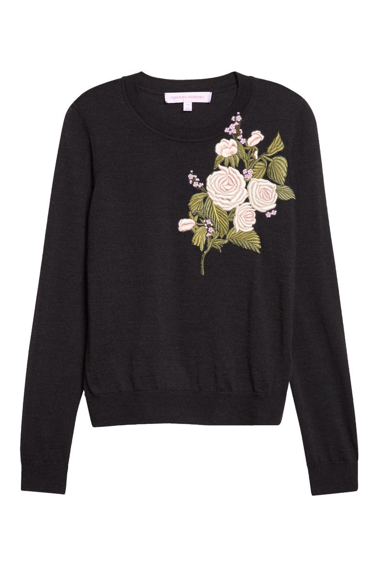 Embroidered Flower Stretch Wool Sweater, Alternate, color, CHARCOAL GREY