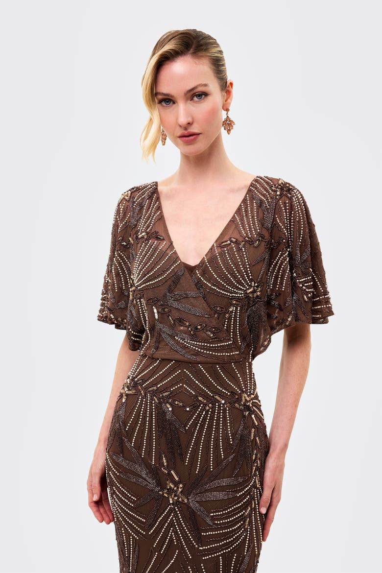 Embellished Sequin Fitted Gown, Alternate, color, CHOCOLATE