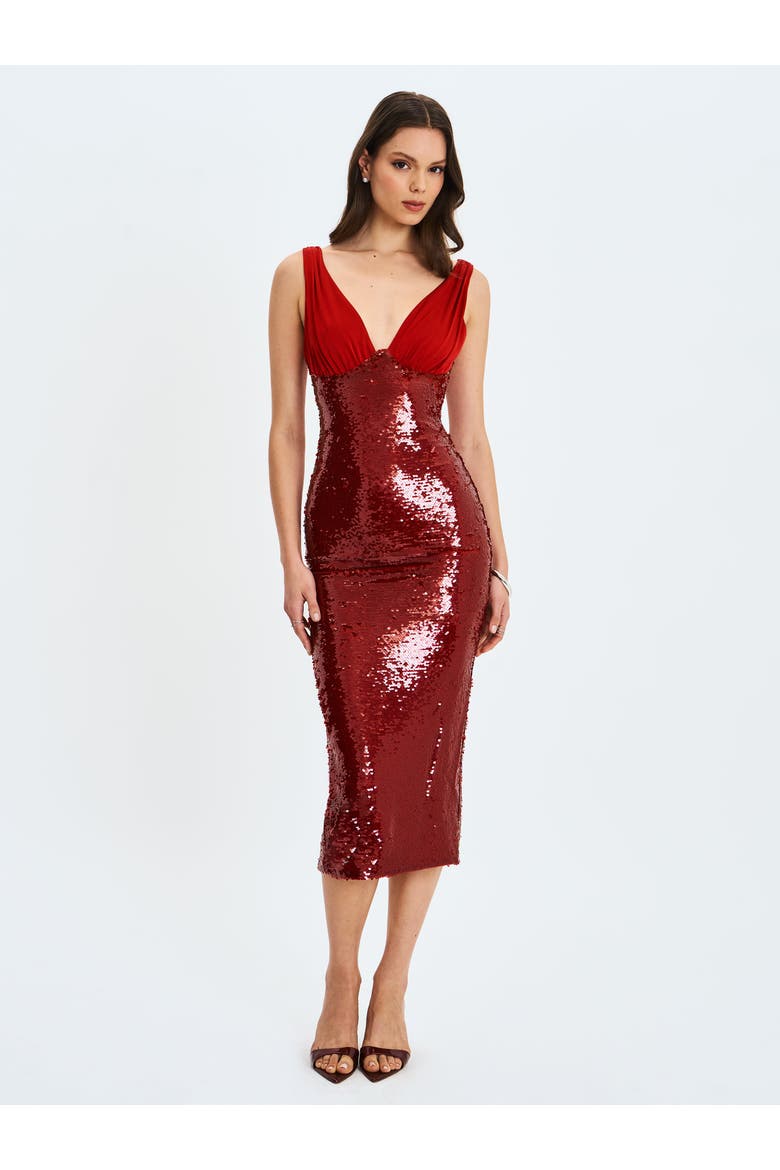 Shanelle Sequin Plunging Midi Dress, Alternate, color, Crimson
