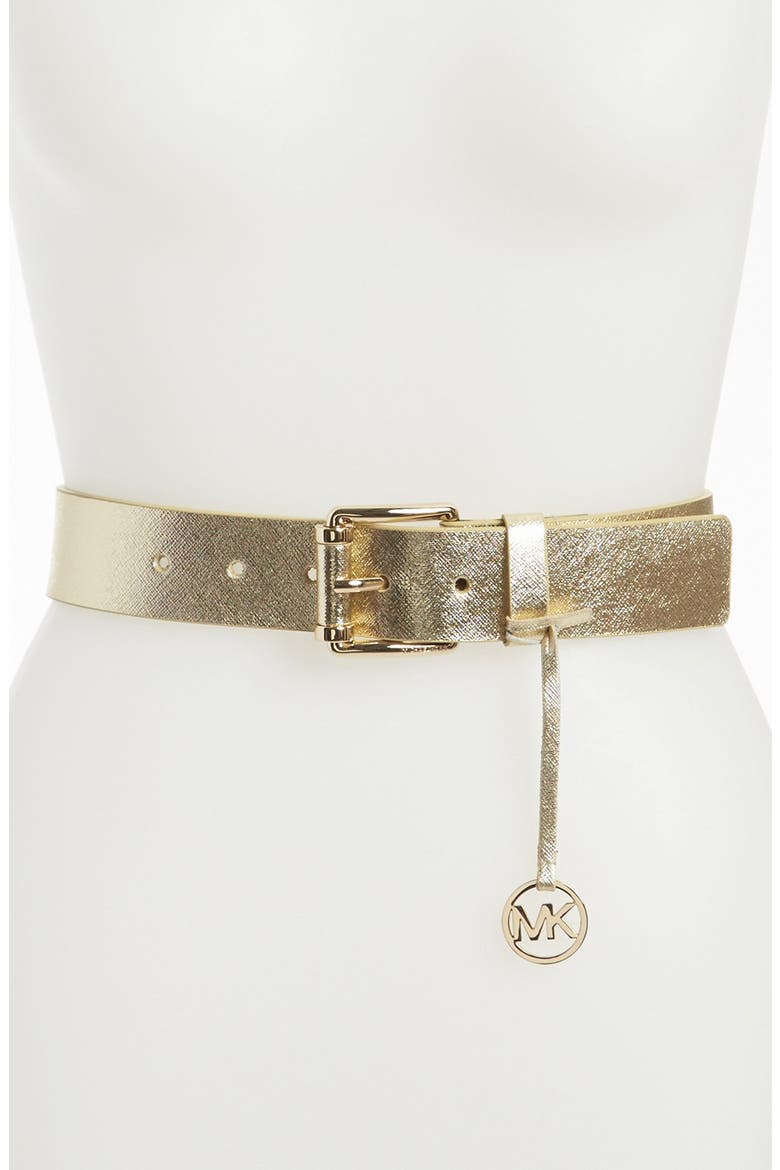 Logo Charm Metallic Leather Belt, Main, color, GOLD