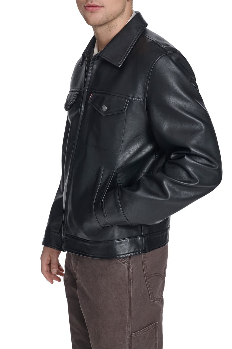 Faux Leather Trucker Jacket, Alternate, color, BLACK