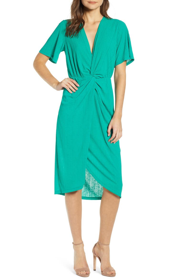 Knot Front Midi Dress, Main, color, PINE GREEN