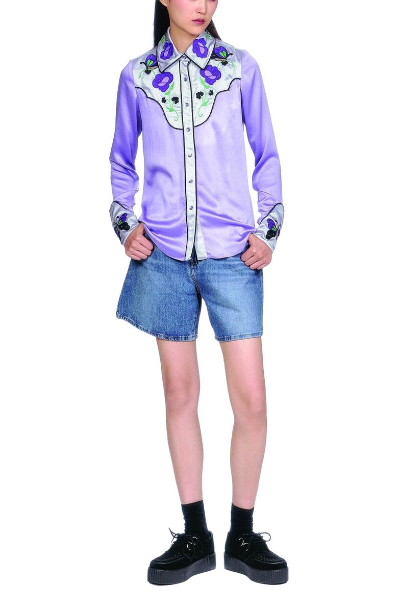 Anna Sui Boudoir Satin Embroidered Cowboy Shirt, Main, color, Lilac