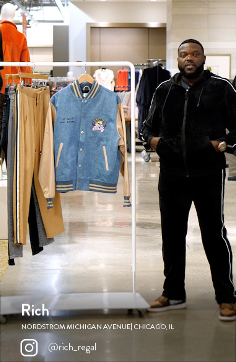 Care Embroidered Denim Varsity Jacket, sales video thumbnail