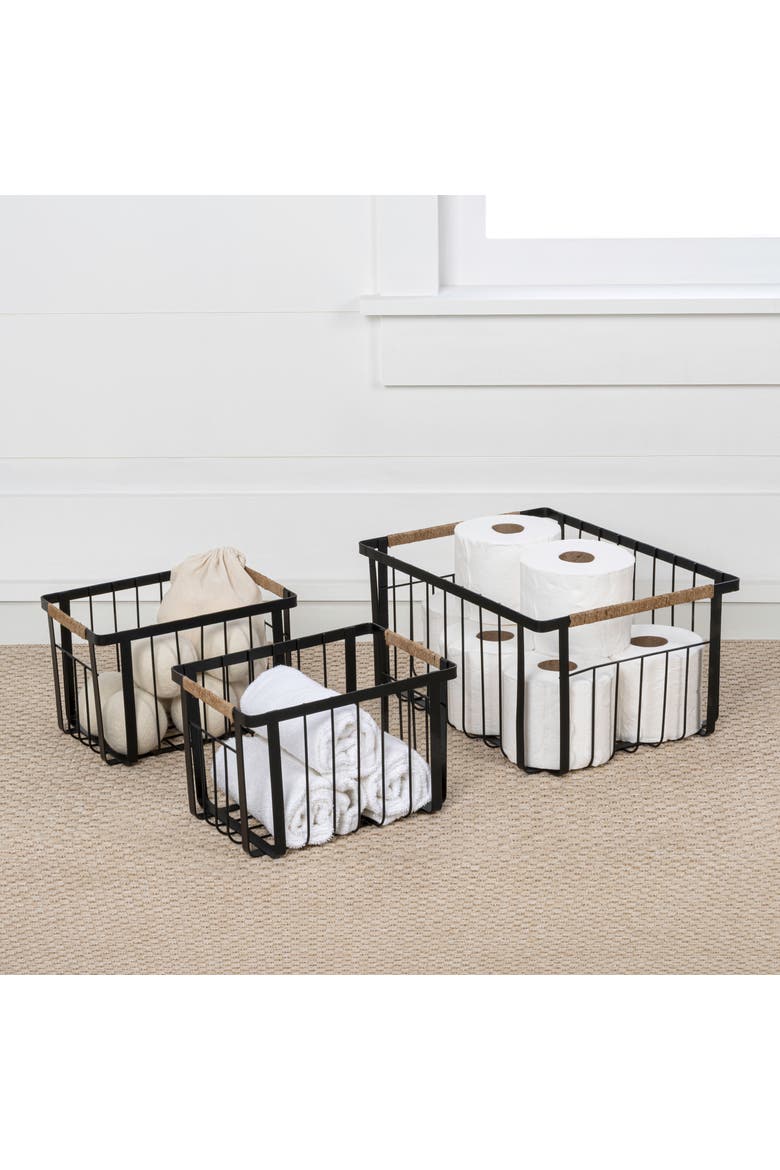 Henley Vintage Farmhouse Handmade Wire Metal Nesting Storage Baskets with Jute Wrapped Handles, Alternate, color, Black