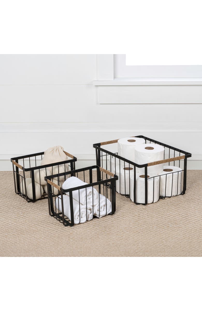 HAPPIMESS Henley Vintage Farmhouse Handmade Wire Metal Nesting Storage Baskets with Jute Wrapped Handles, Alternate, color, Black