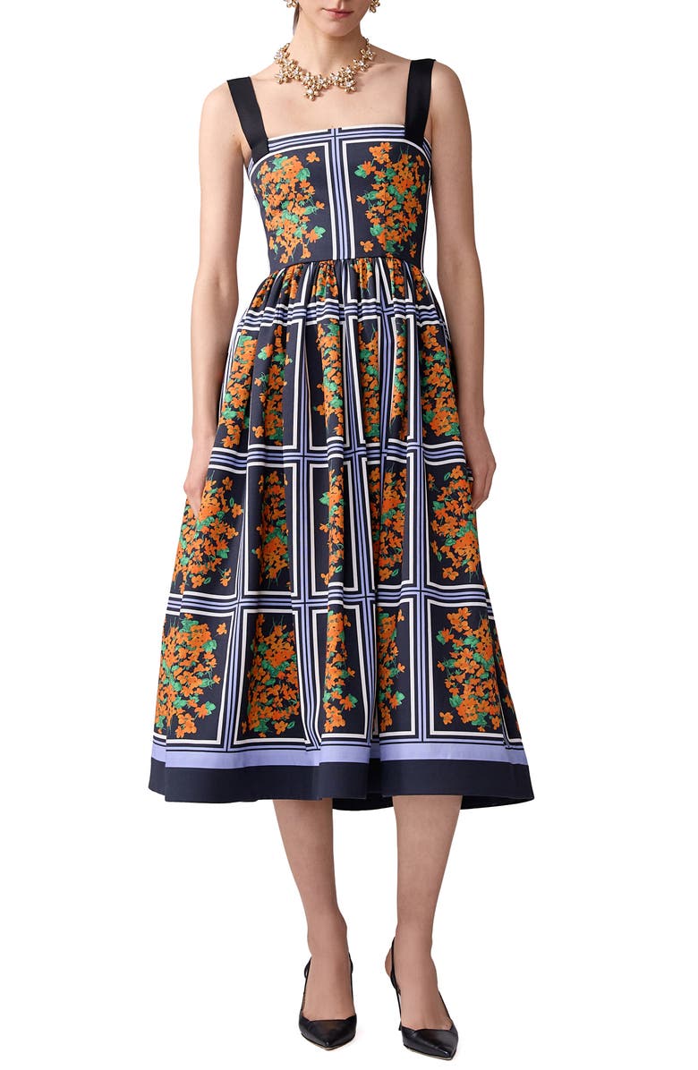 Carolina Herrera Thick Strap Faille Midi Dress, Alternate, color, Black Multi