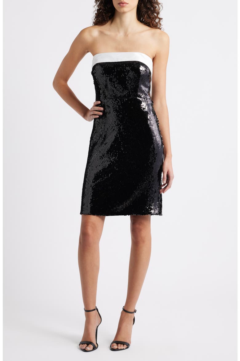 Bow Back Sequin Strapless Cocktail Dress, Main, color, IVORY BLACK