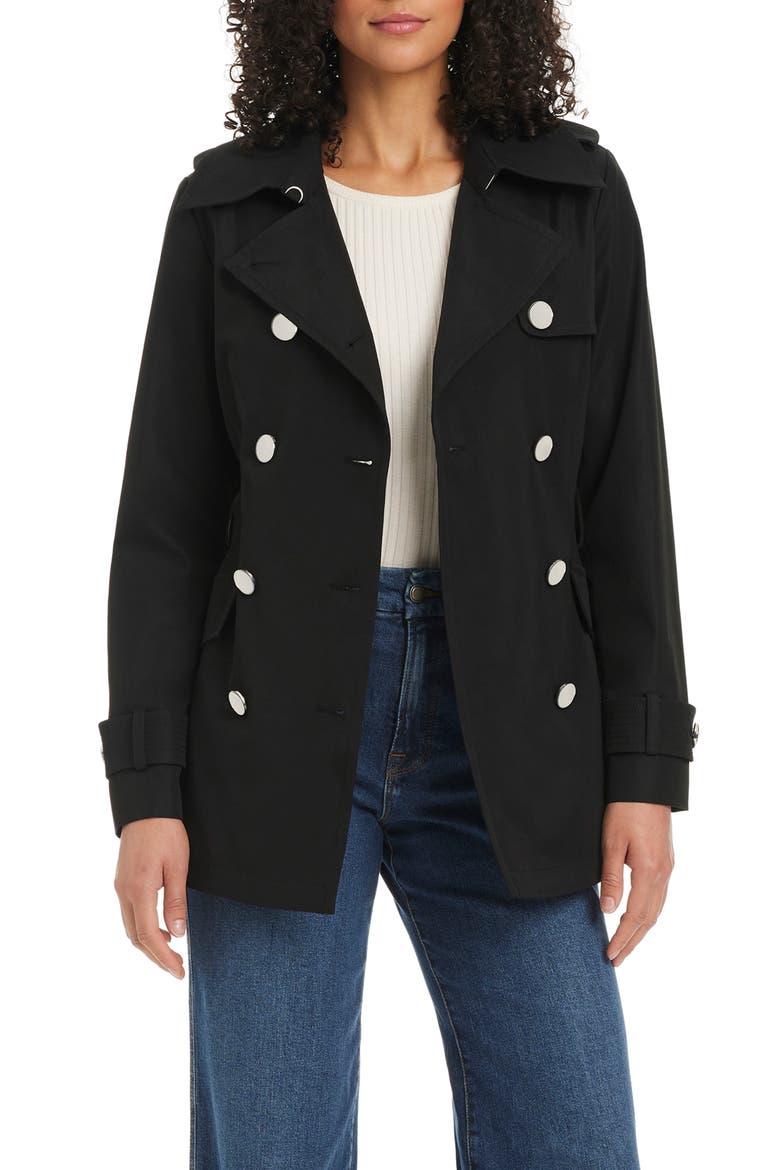 belted double breasted trench coat, Alternate, color, BLACK