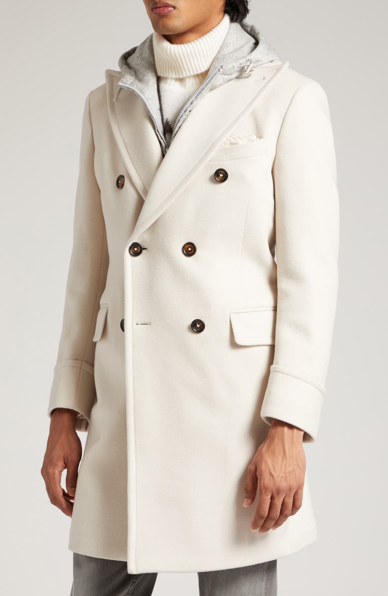 Eleventy Double Breasted Wool & Cashmere Topcoat with Removable Hooded Bib, Alternate, color, 