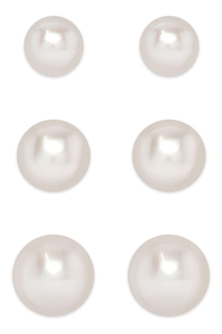 3-Pair Pearl Stud Earrings, Main, color, SILVER