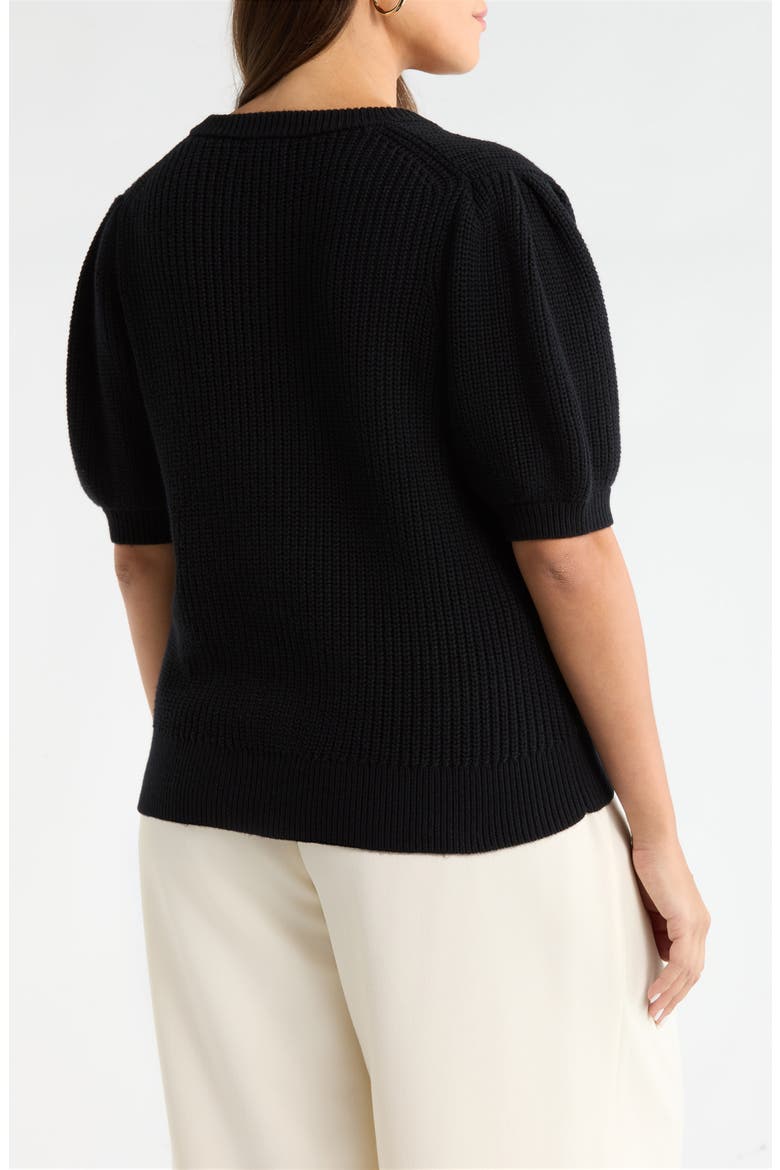 Puff Sleeve Cotton & Merino Wool Cardigan, Alternate, color, BLACK