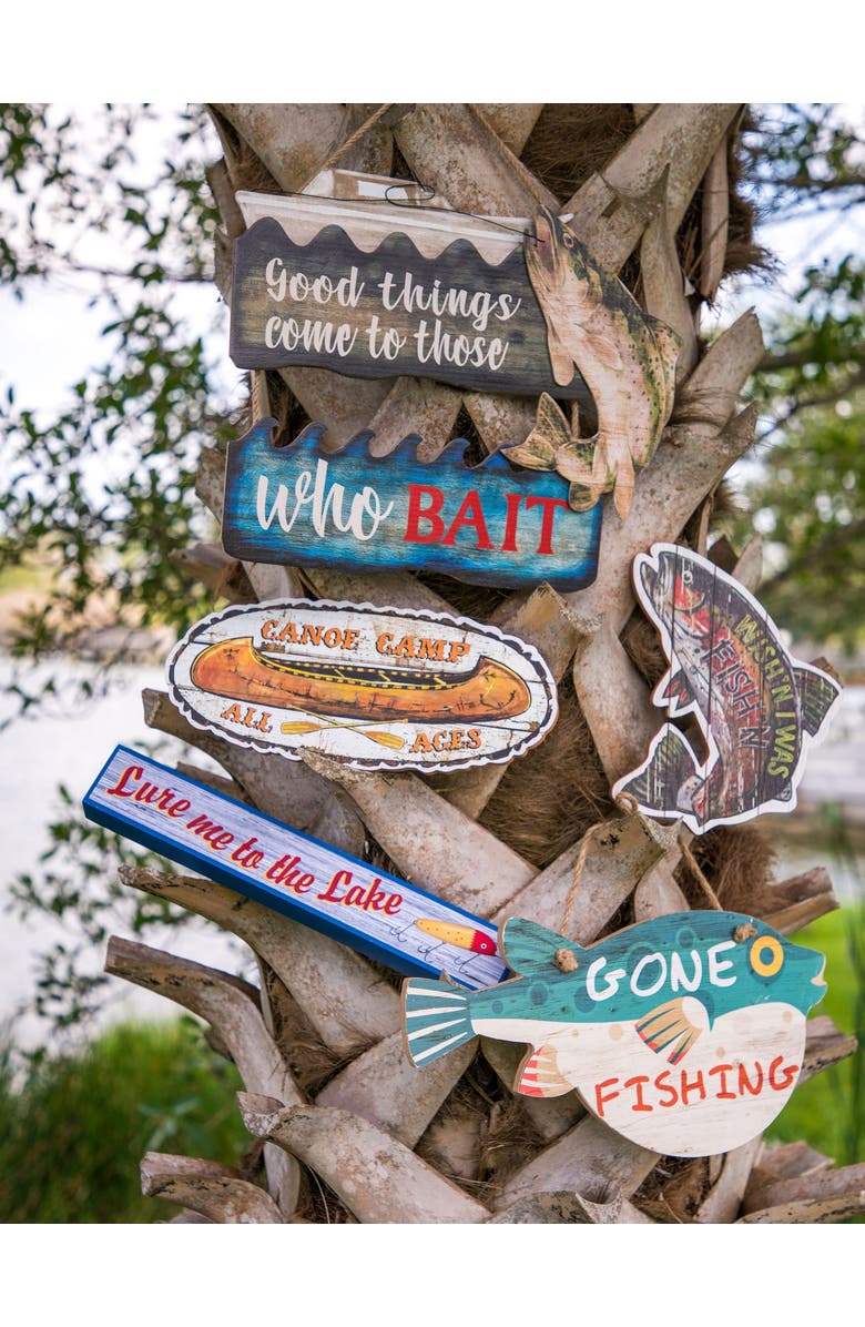 Beachcombers "Lure Me To The Lake" Fishing Lure Lakehouse Wall Sign 15.9", Alternate, color, Red