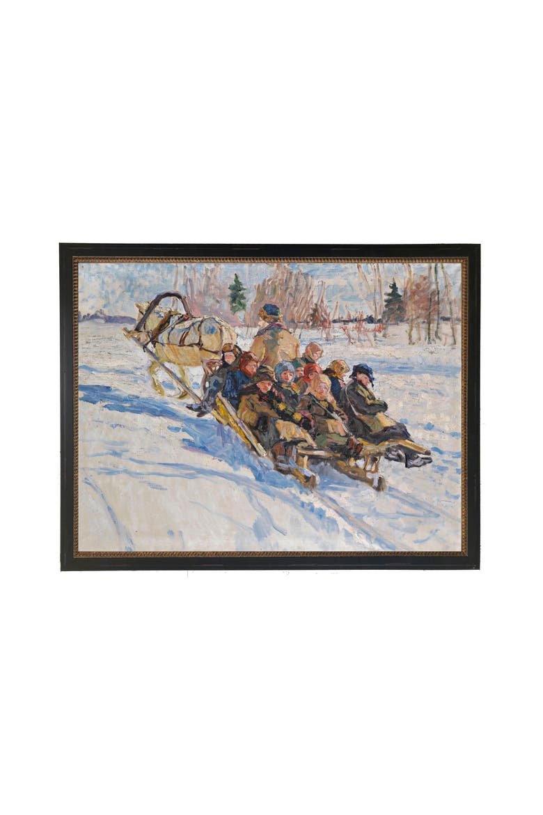 Vintage Winter Scene with Children and Horse and Sled, Main, color, Multicolor
