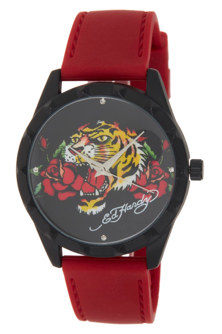 x Ed Hardy Silicone Strap Watch, 40mm, Main, color, MATTE RED
