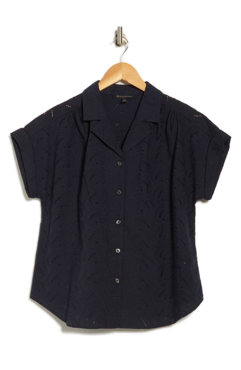 Brooks Brothers Paisley Eyelet Cotton Poplin Camp Shirt, Alternate, color, Navy Blazer