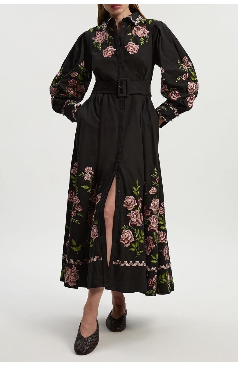 Karen Millen Rose Embroidered Cotton Shirt Dress, Alternate, color, Black