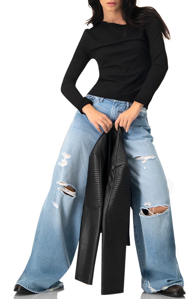 IVONNE Ribbed Knit Top with Asymmetrical Neckline, Alternate, color, Black