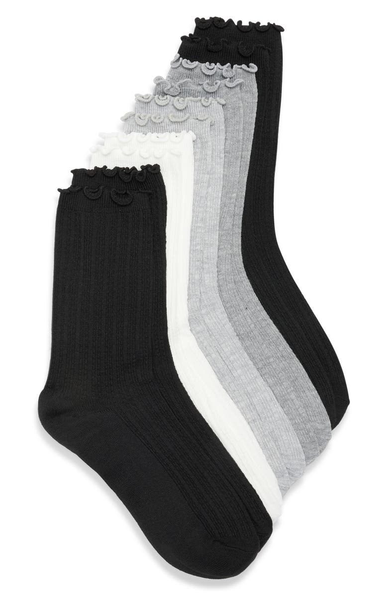 NORDSTROM RACK 5-Pack Lettuce Edge Ribbed Crew Socks, Main, color, Black/ White/ Grey