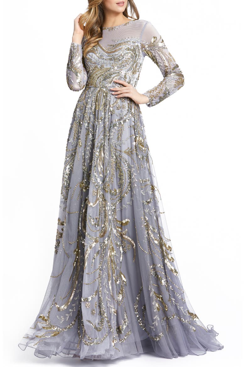 Long Sleeve Embellished Illusion Evening Gown, Main, color, PLATINUM GOLD