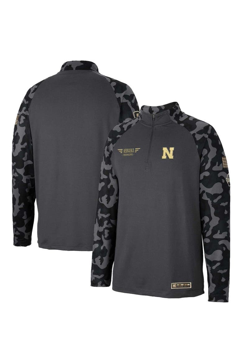 Men's Colosseum Charcoal Nebraska Huskers OHT Military Appreciation Long Range Raglan Quarter-Zip Jacket, Main, color, Charcoal