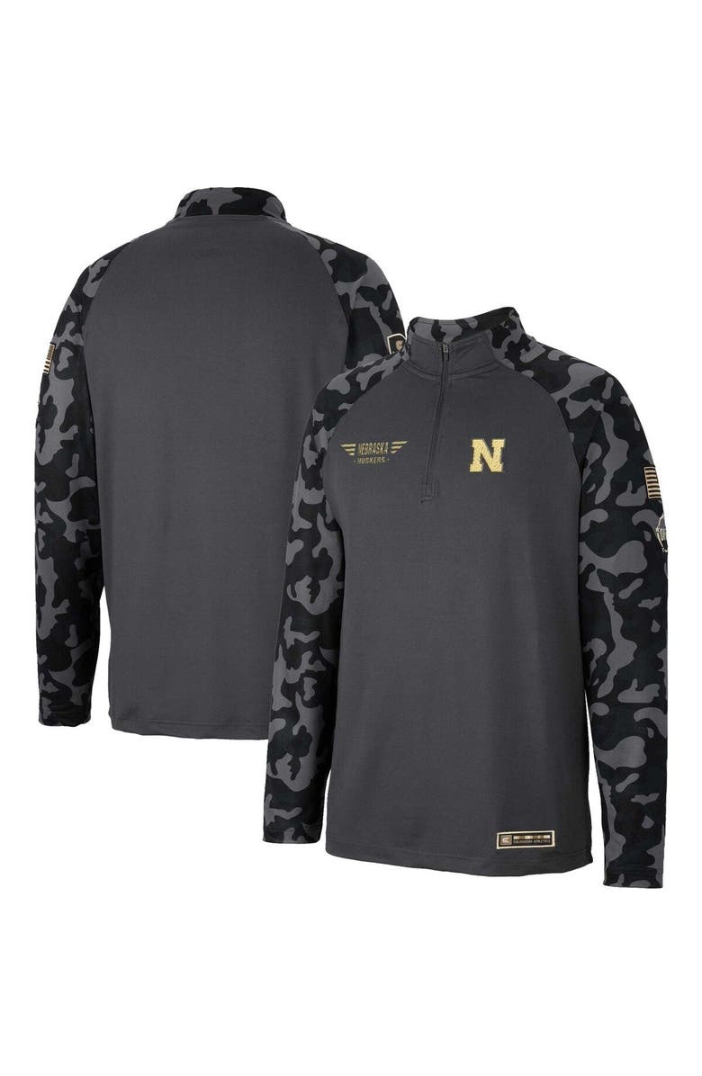 COLOSSEUM Men's Colosseum Charcoal Nebraska Huskers OHT Military Appreciation Long Range Raglan Quarter-Zip Jacket, Main, color, Charcoal