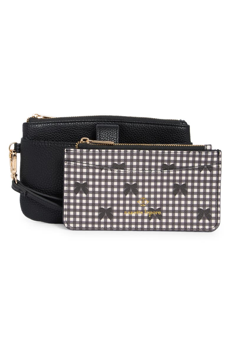 Faux Leather Wristlet with Card Case, Alternate, color, BLACK / GINGHAM BOWS