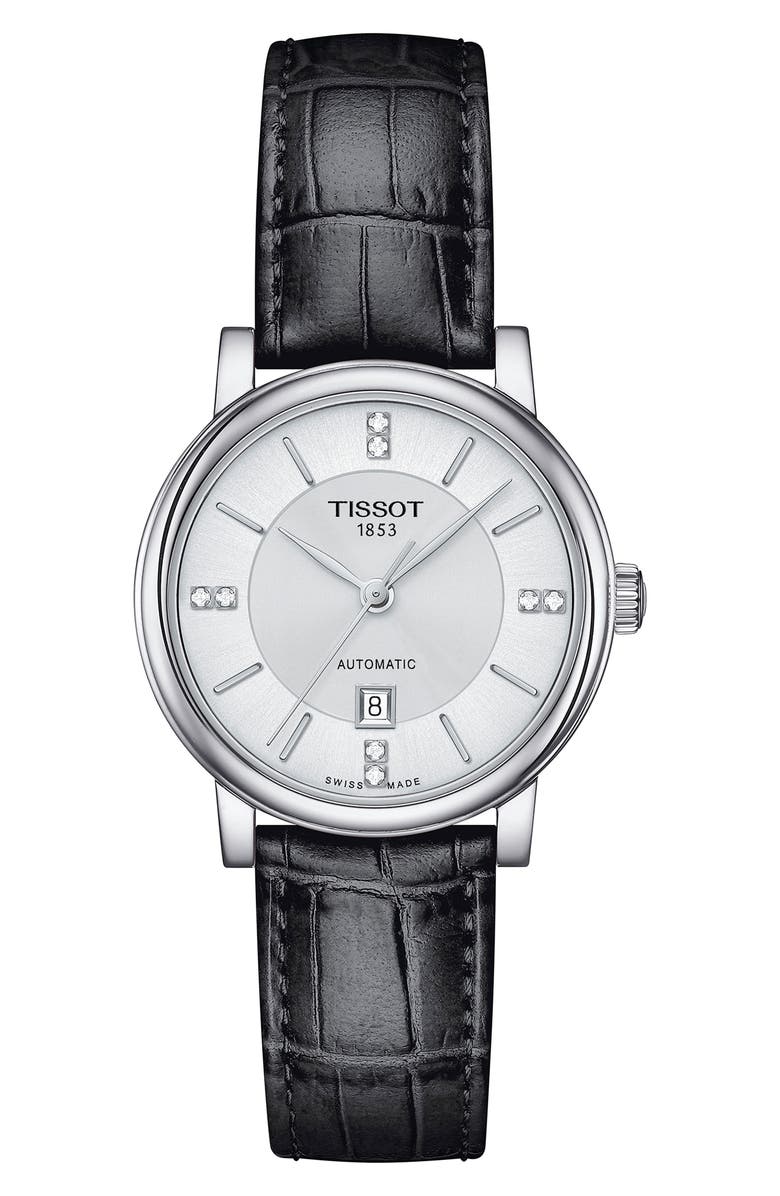 Tissot Carson Premium Diamond Leather Strap Watch, 30mm, Main, color, Black