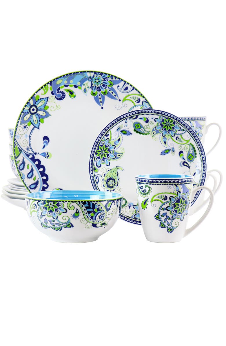 Elama Blue Fiesta 16 Piece Round Porcelain Dinnerware Set, Main, color, Blue