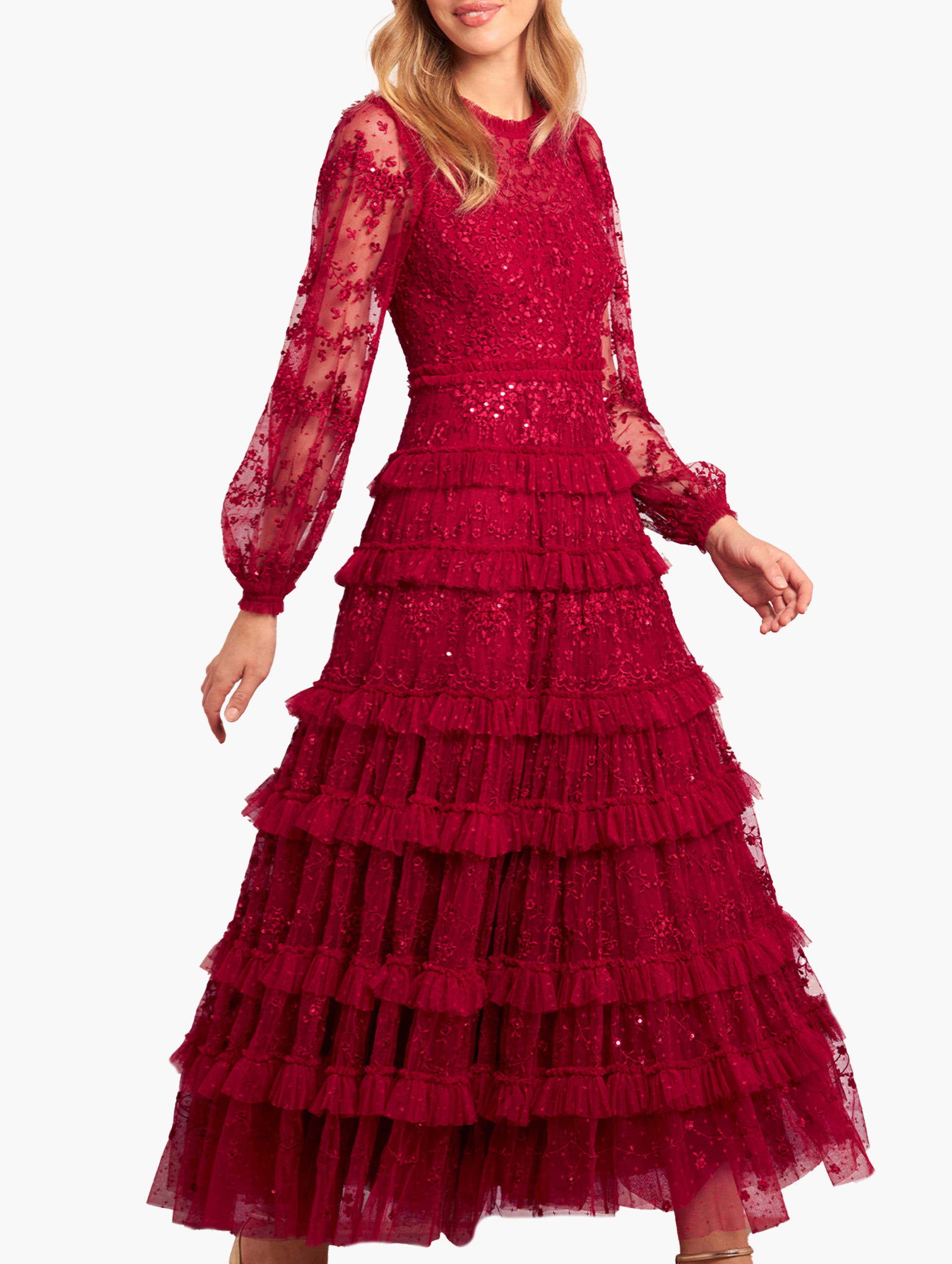 Needle & Thread Blossom Long Sleeve Lace Ankle Gown In Red