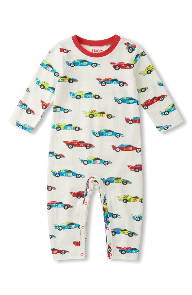 Hatley Race Car Print Cotton Romper, Main, color, 