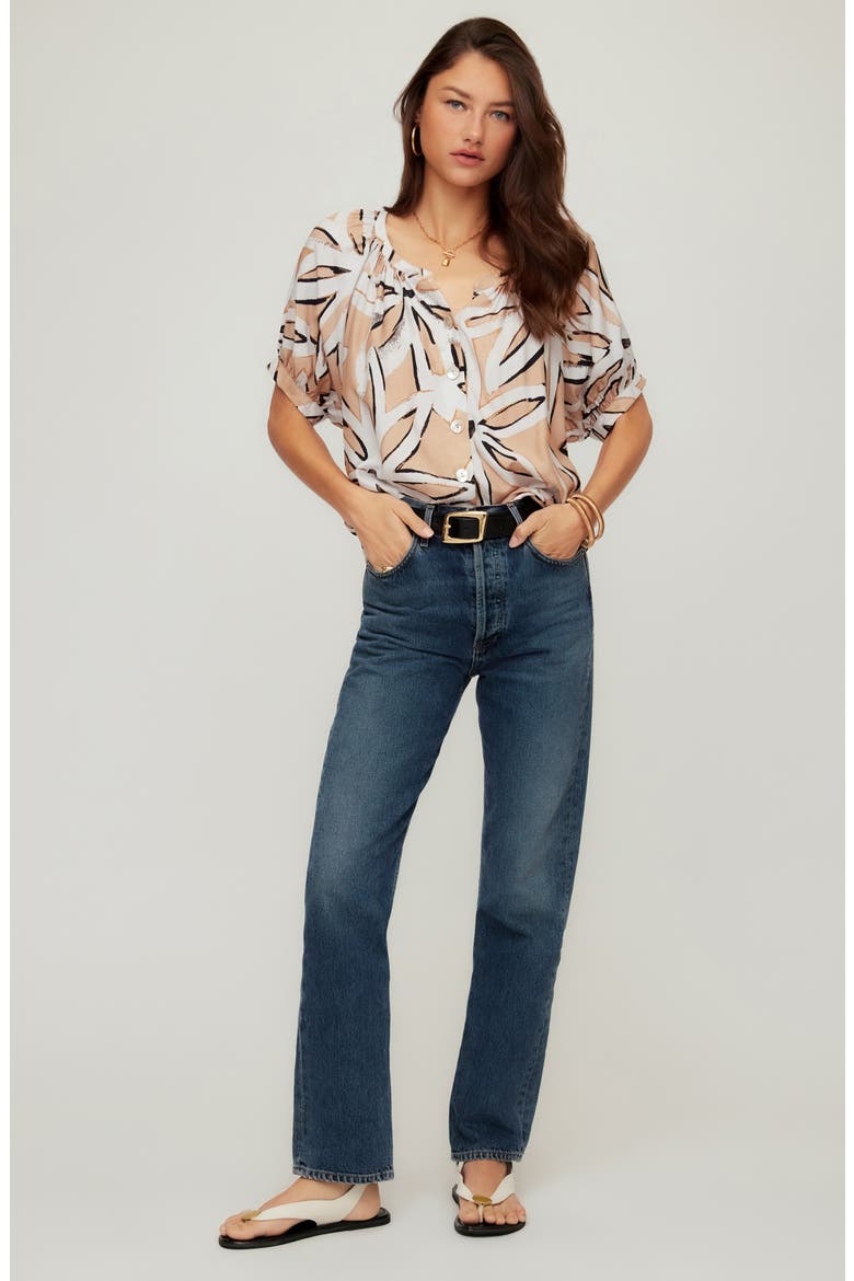 Sam Print Short Sleeve Button-Up Top, Alternate, color, BEIGE FLORAL PRINT