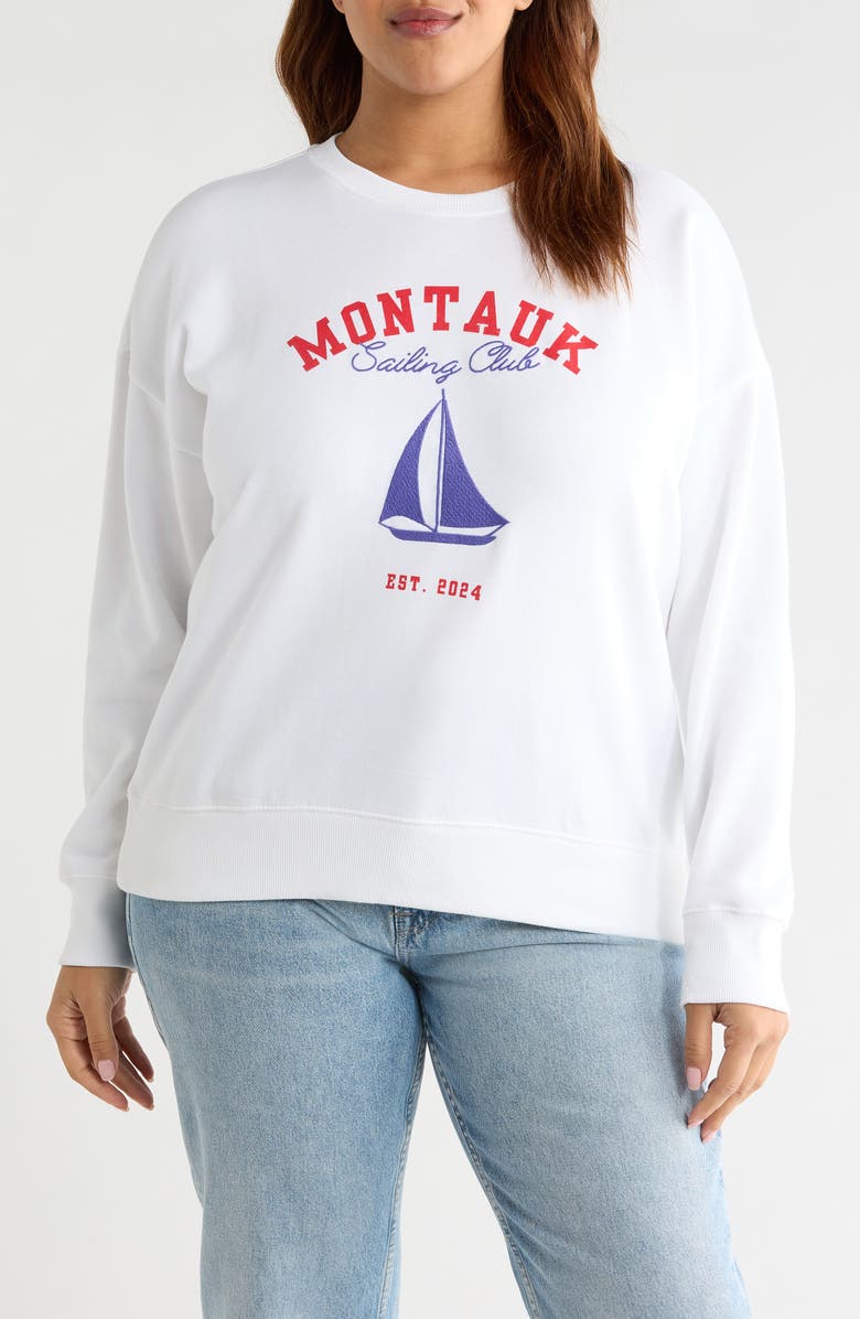 Caslon<sup>®</sup> Montauk Sailing Embroidered Fleece Graphic Sweatshirt, Main, color, White Montauk Sailing