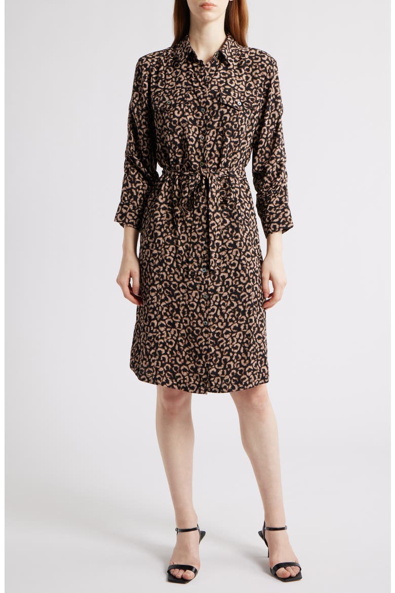 Abstract Animal Print Ruched Sleeve Trench Shirtdress, Main, color, BROWN MULTI