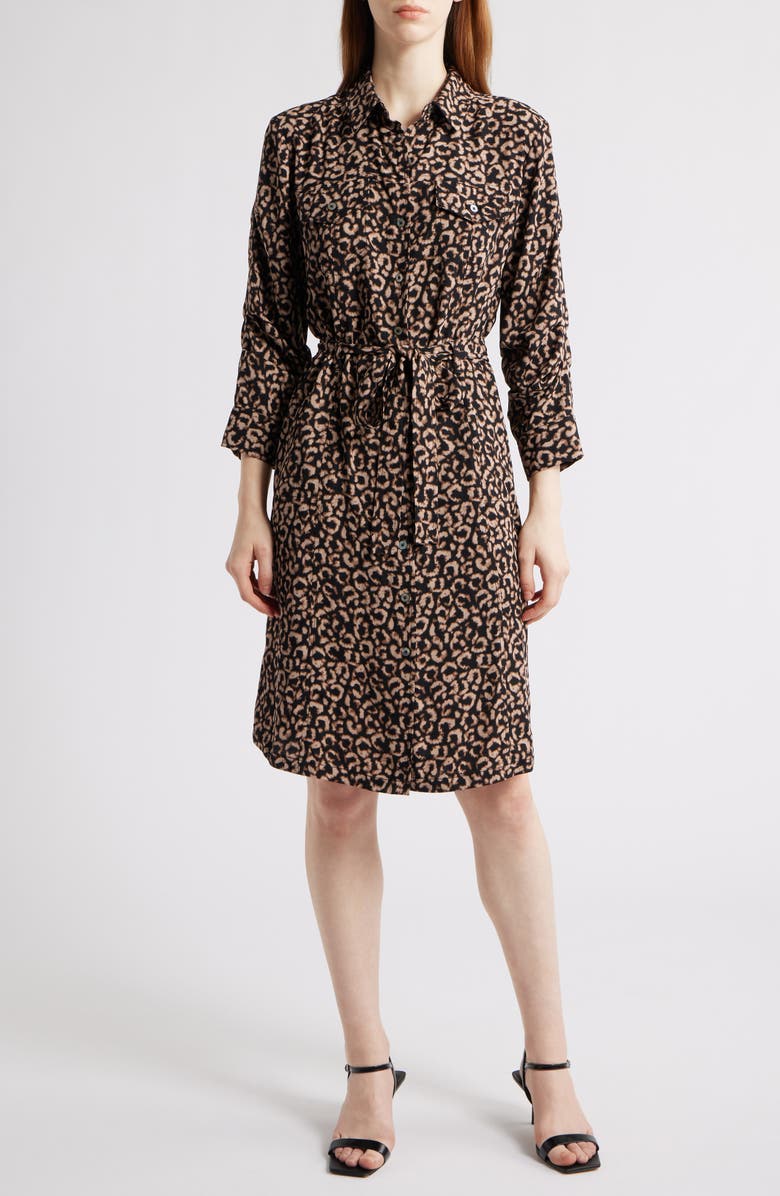 NIC+ZOE Abstract Animal Print Ruched Sleeve Trench Shirtdress, Main, color, Brown Multi