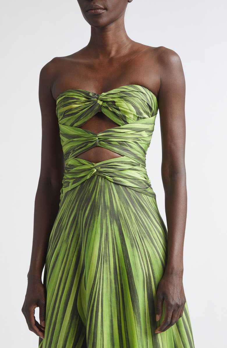 Oscar de la Renta Palm Leaves Print Strapless Cutout Silk Gown, Alternate, color, Green/ Brown