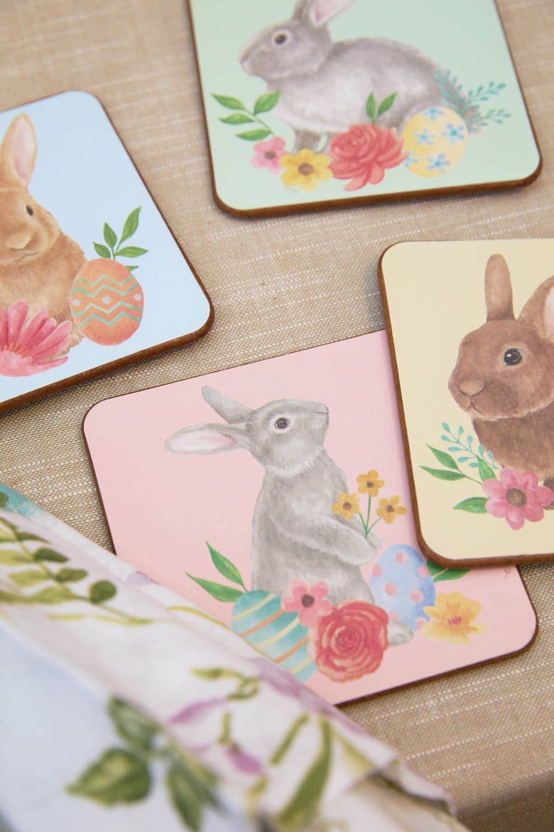 Easter Rabbits & Flowers Set of 4 Drink Sitter Coasters 4", Alternate, color, Brown