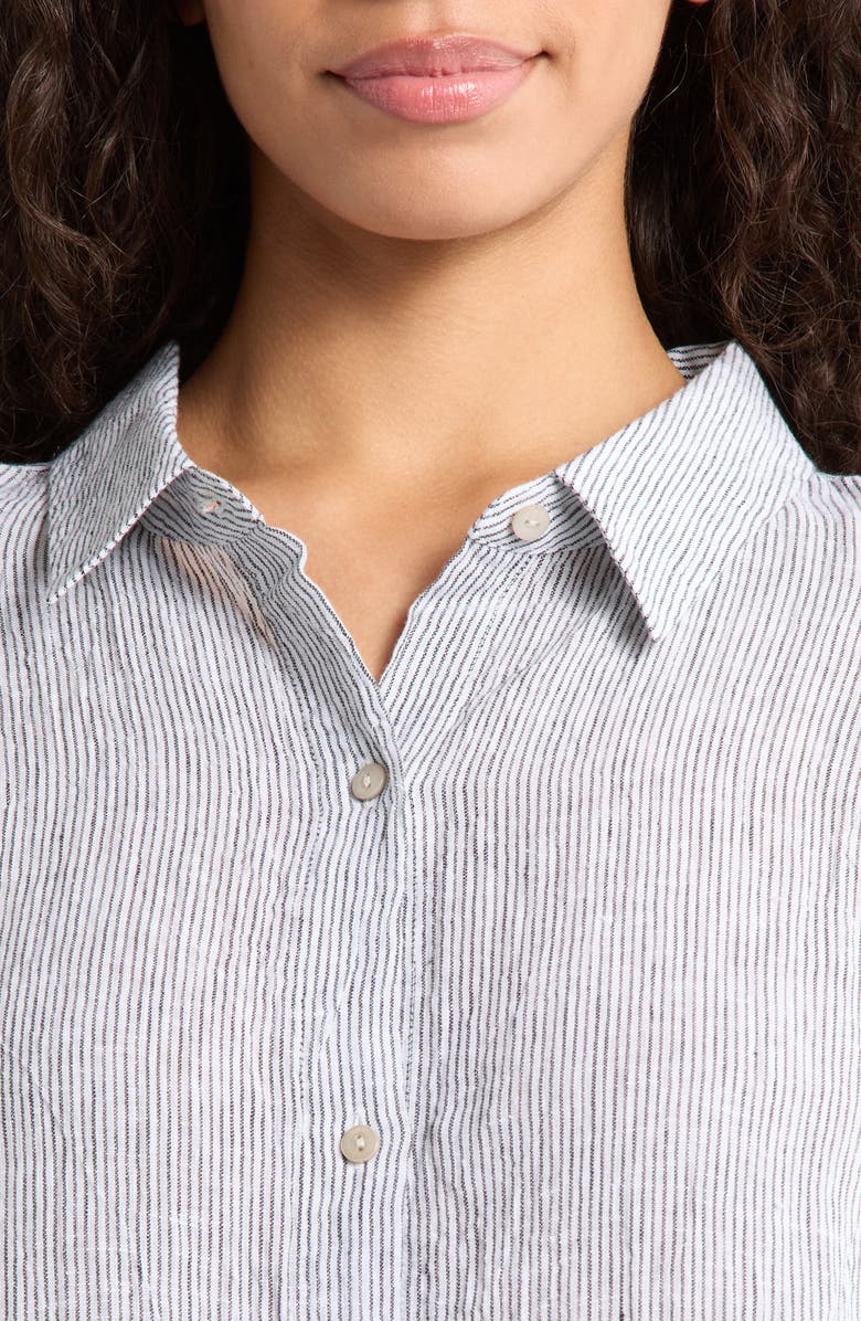 Eileen Fisher Classic Stripe Linen Button-Up Shirt, Alternate, color, White/ Black