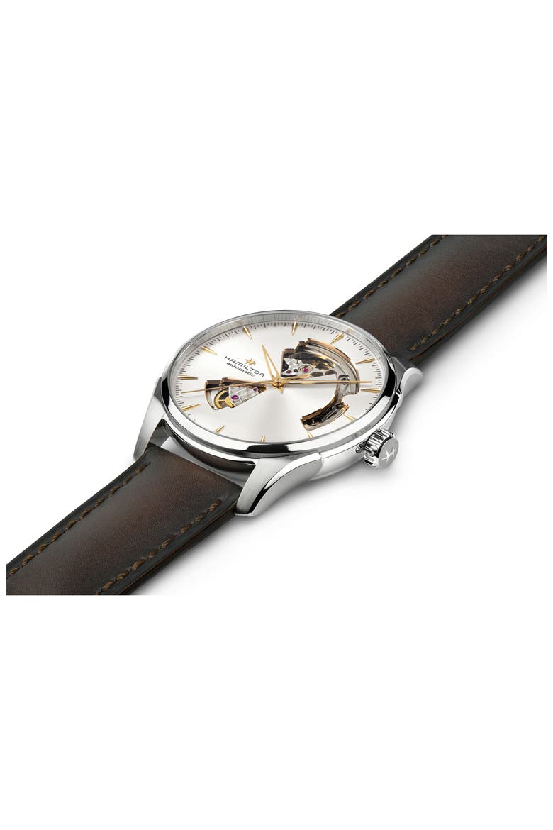 Jazzmaster Open Heart Automatic Leather Strap Watch, 40mm, Alternate, color, SILVER