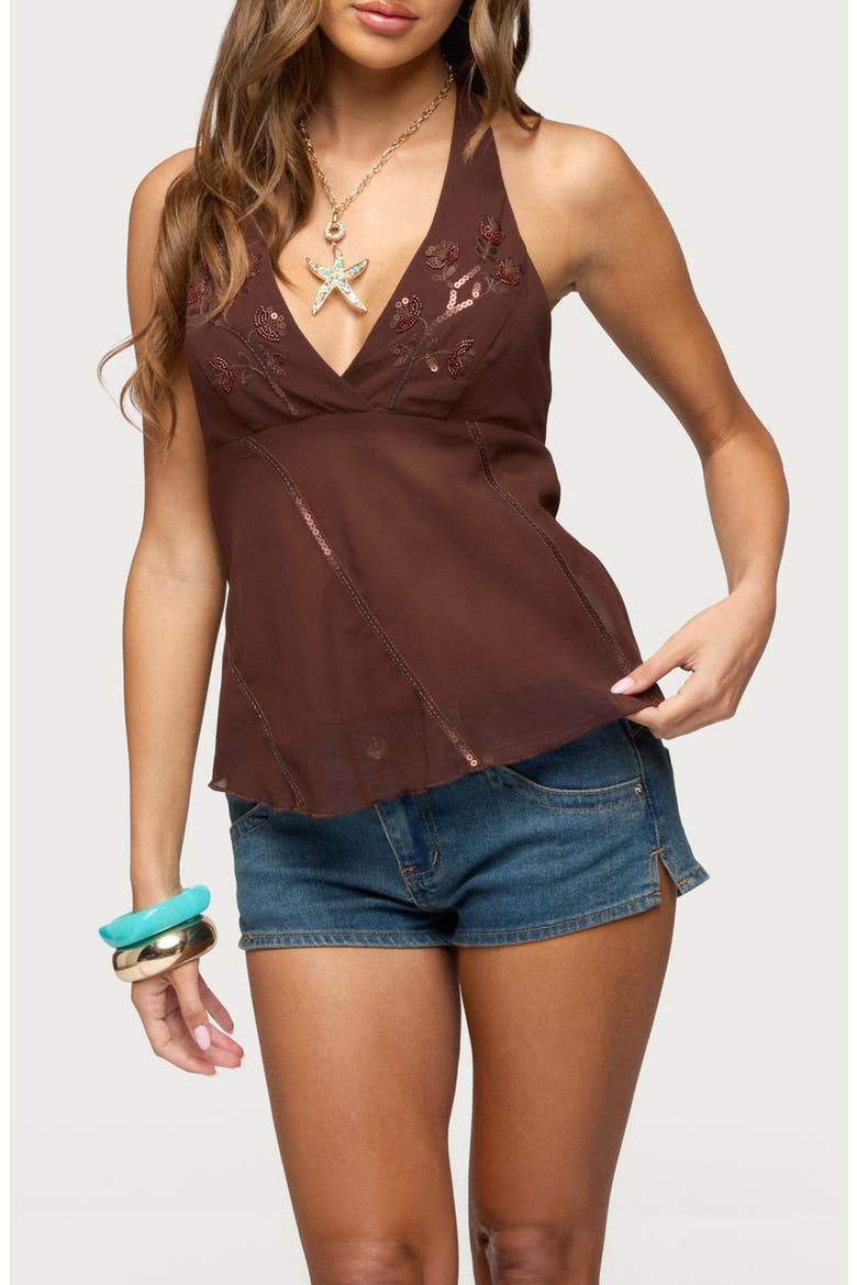 Beaded Sequin Halter Chiffon Top, Main, color, BROWN