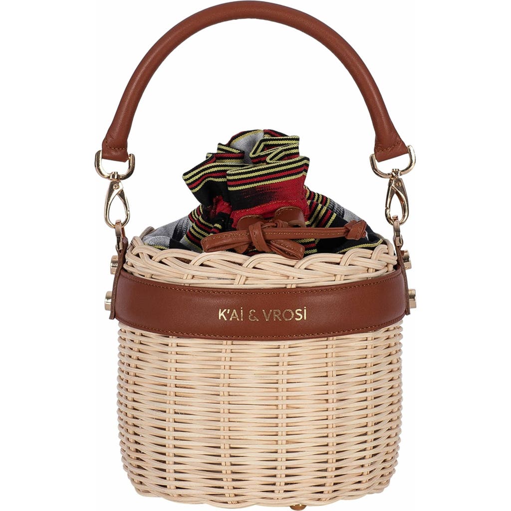 K'Ai & Vrosi Leather & Straw Bucket Bag with Drawstring in Brown  product